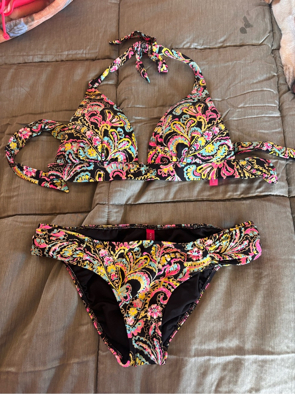 Victoria's Secret Black Multicolor Paisley Halter Bikini